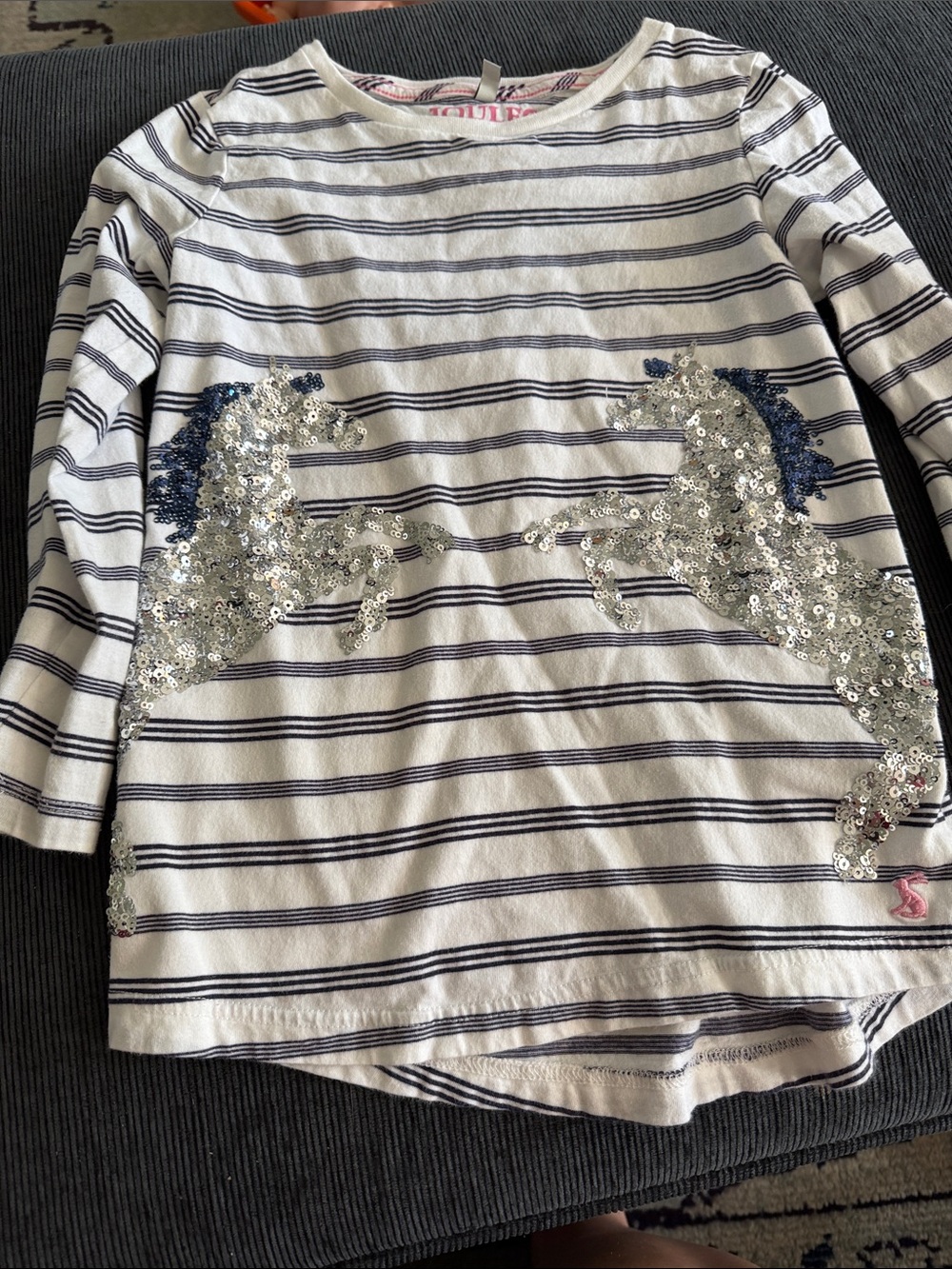 Joules White & Navy Striped Long-Sleeve Tee with Sequin Unicorns